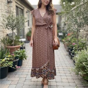 B.O.G. Collective Pink and Orange Ruffled Wrap Maxi Dress